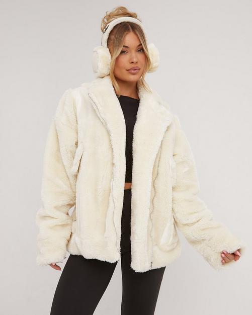 Oversized Teddy Faux Shearling Aviator Jacket In Beige Faux Suede