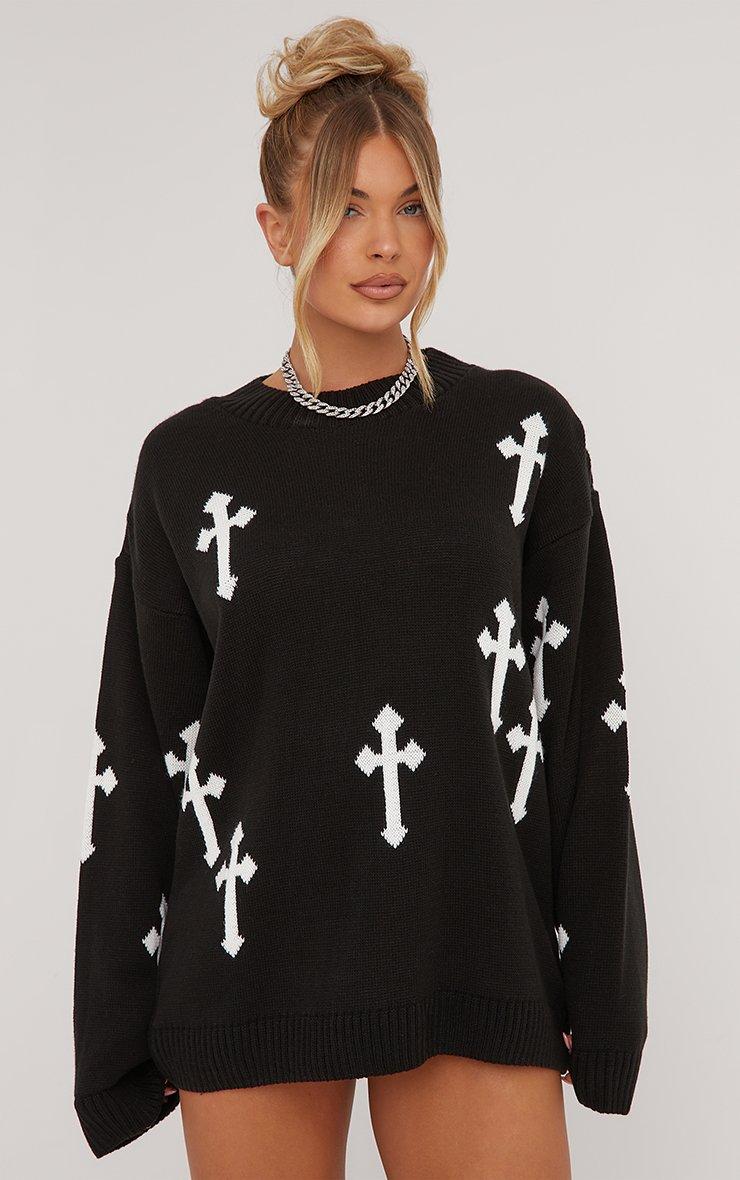 Long Sleeve Cross Patch Detail Oversized Jumper In Black Long Sleeve Cross Patch Detail Oversized Jumper In Black
