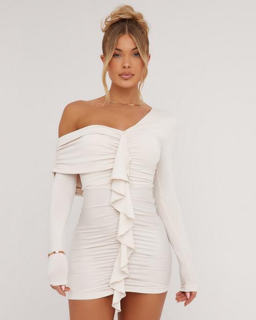 Flirty Faux Feather Trim Plunging Long Sleeve Mini Bandage Dress