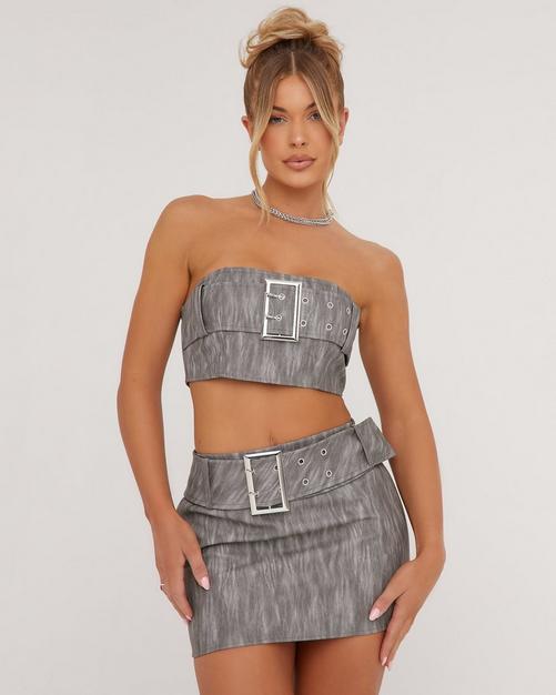 Simmi buckle detail corset top co-ord in metallic silver