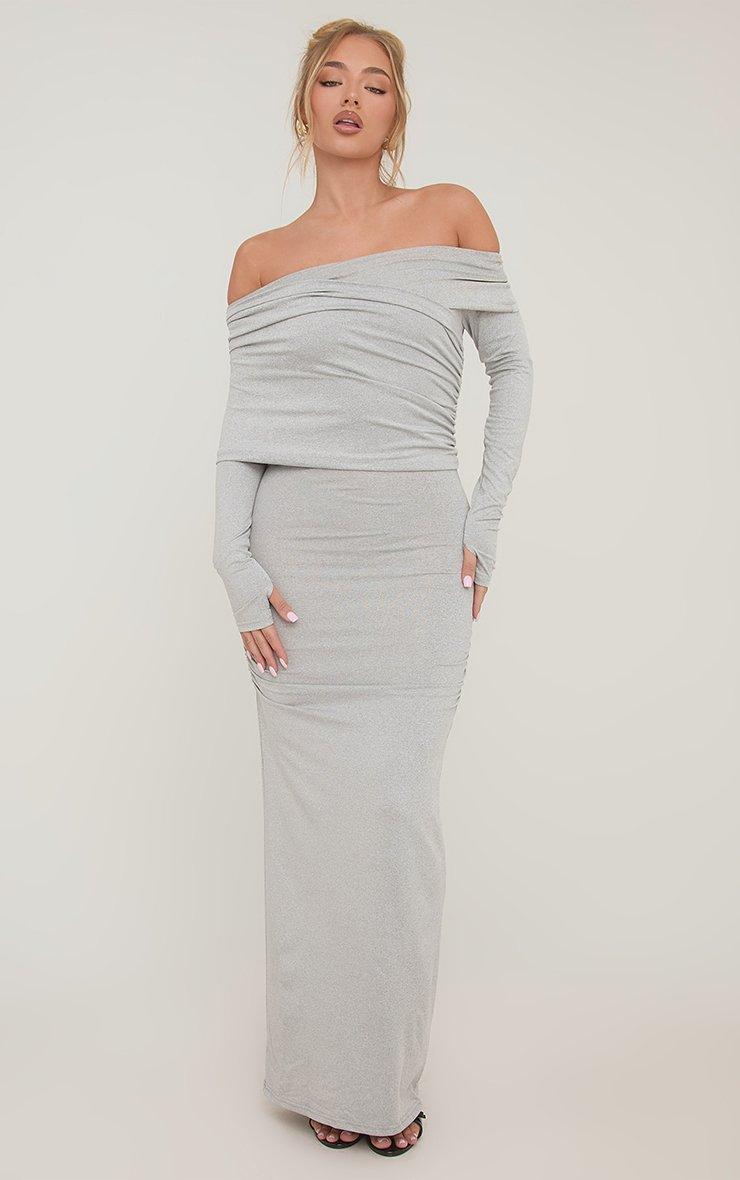 sachin and babi light blue dress Bardot Ruched Maxi Bodycon Dress In Grey | EGO US