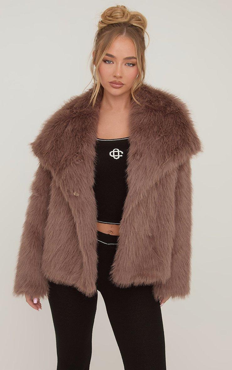 Oversized Collar Detail Coat In Chocolate Brown Faux Fur