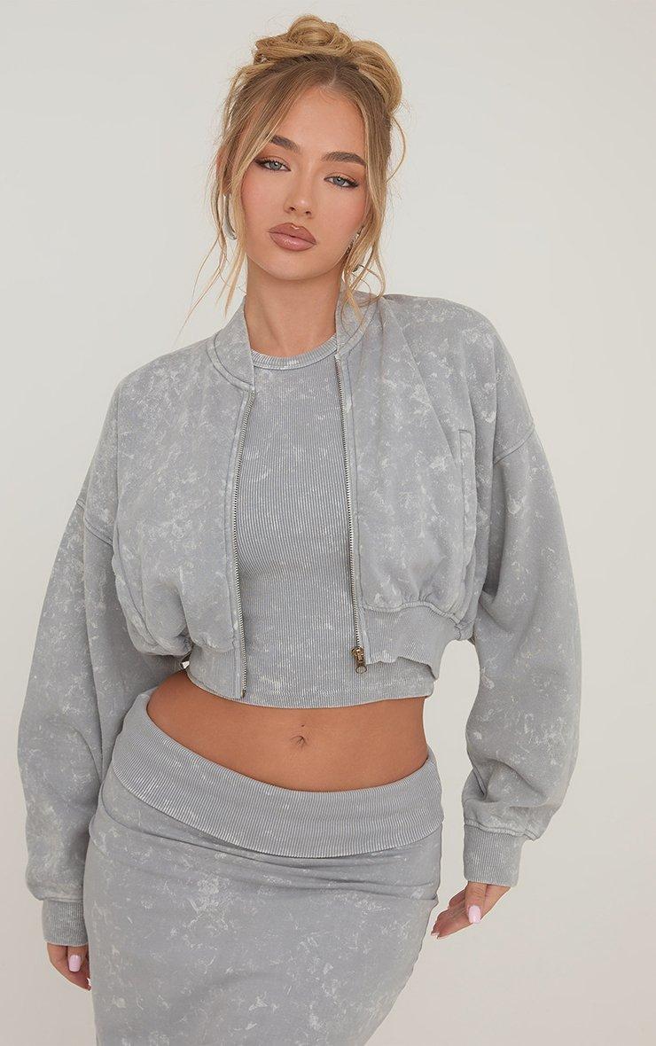 Zip Through Cropped Hoodie In Grey Acid Wash | EGO US | EGO