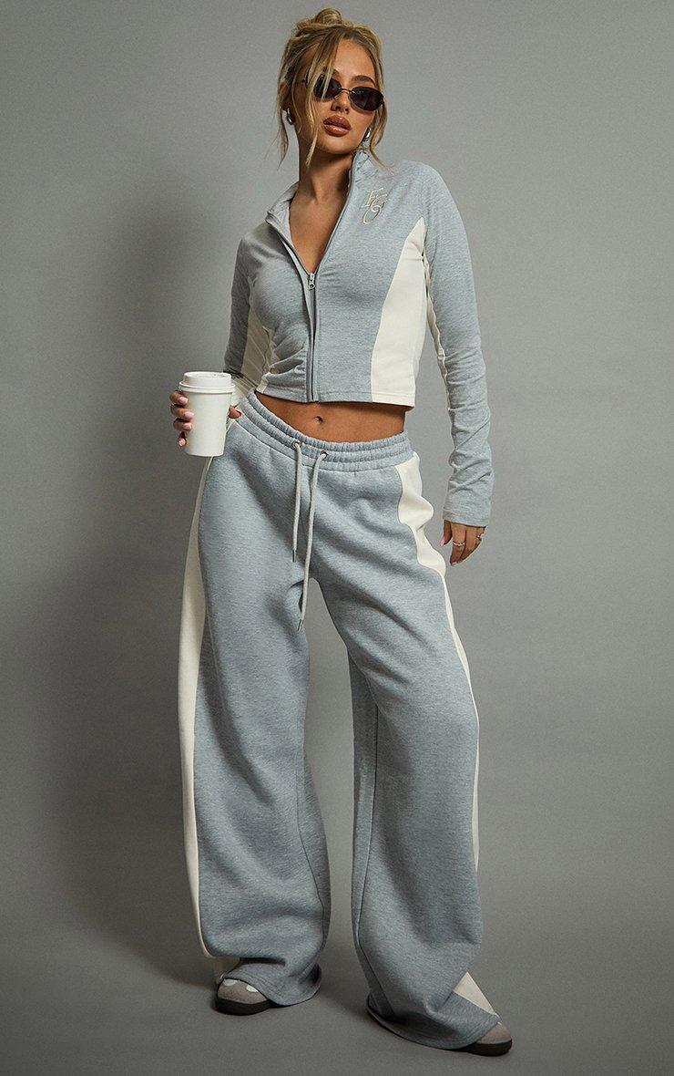 Long Sleeve High Neck Zip Front Ego Graphic Top In Grey Long Sleeve High Neck Zip Front Ego Graphic Top In Grey