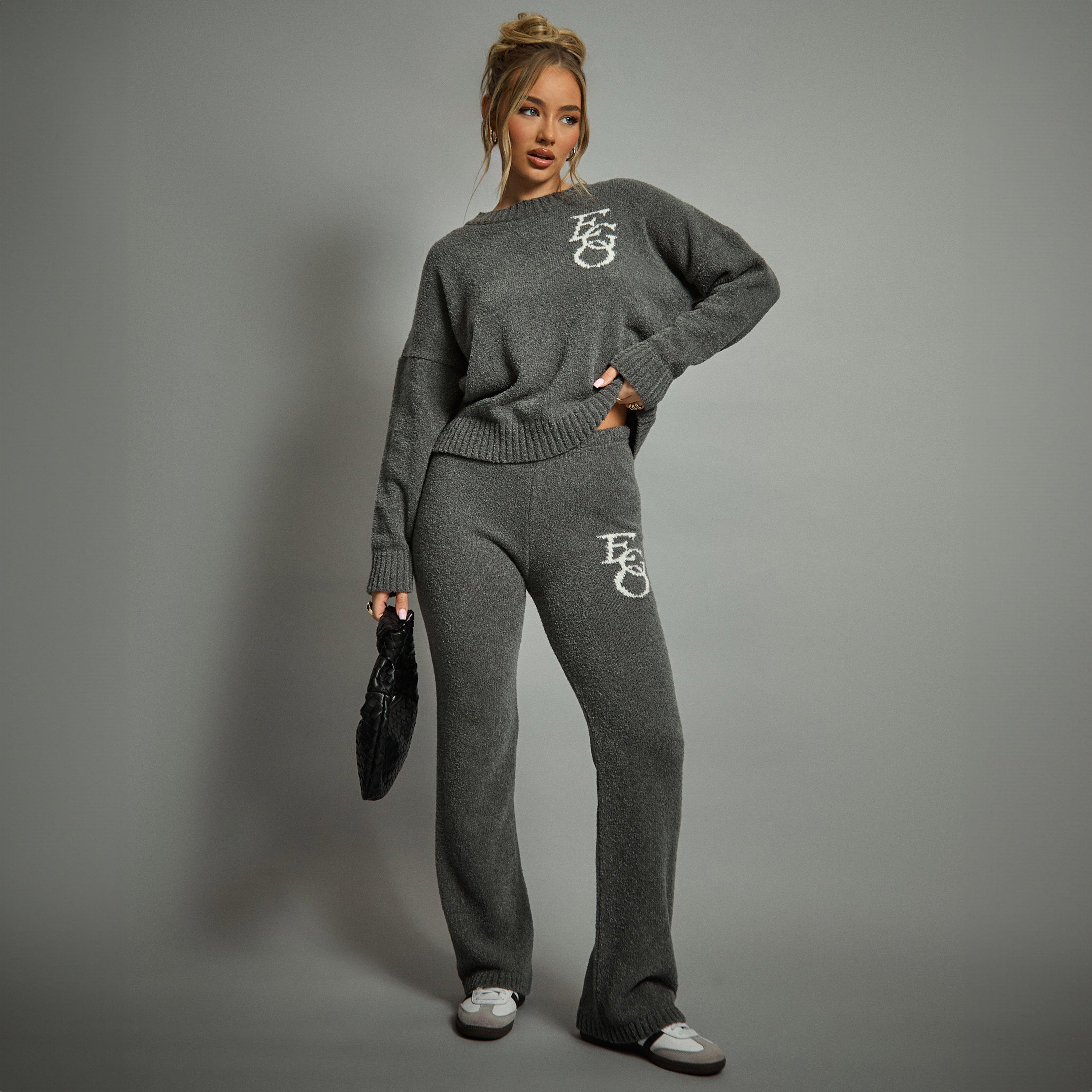 Mid Waist Ego Graphic Straight Leg Trousers In Grey Knit, Women's Size UK L