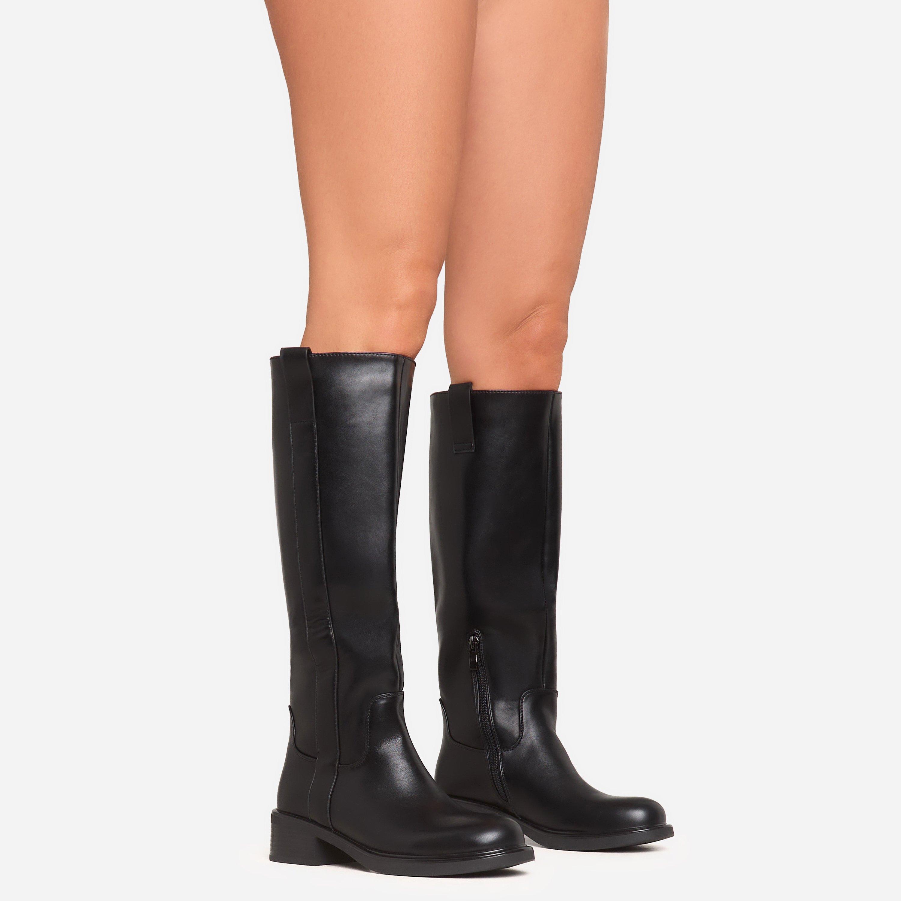 Pax Side Panel Detail Knee High Long Biker Boot In Black Faux Leather, Women's Size UK 3