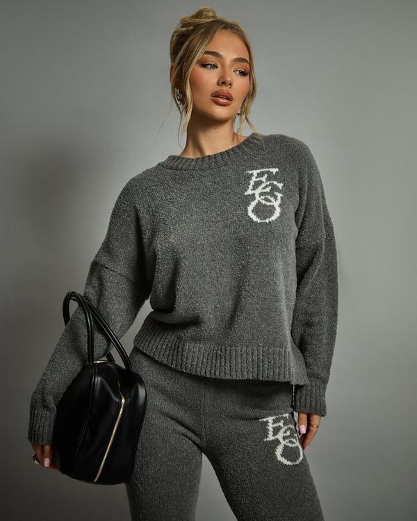 Long Sleeve Crew Neck Ego Graphic Oversized Jumper In Grey Knit