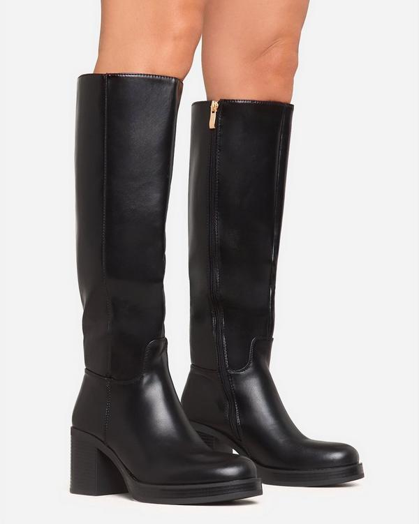 Black leather boots no heel best sale