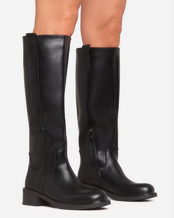 Pax Side Panel Detail Knee High Long Biker Boot In Black Faux Leather EGO