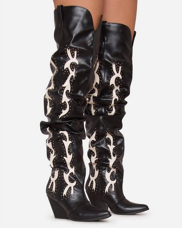 Sending-West White Embroidered Detail Pointed Toe Over The Knee Thigh High Western Cowboy Boot In Black Faux Leather