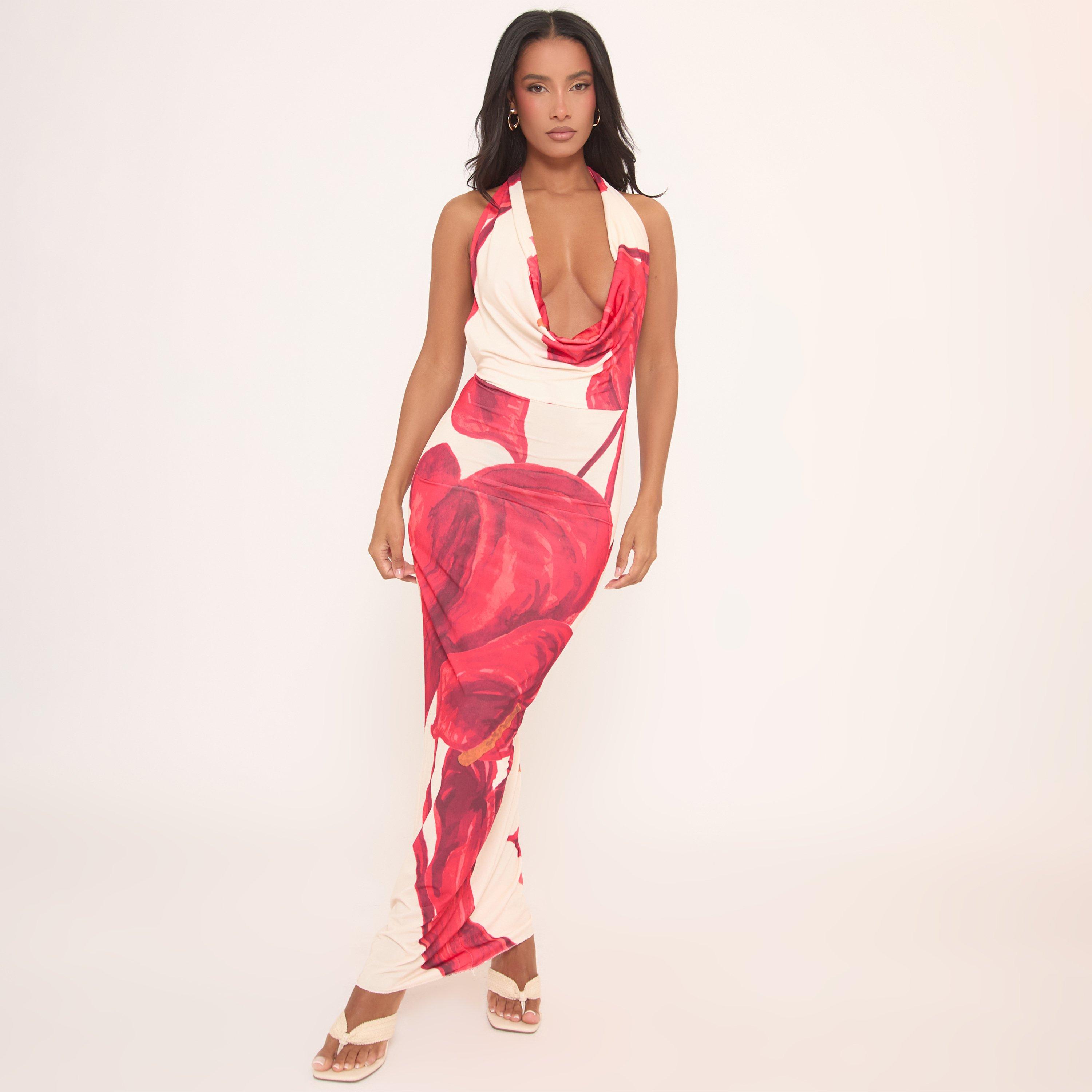 Cowl Halterneck Maxi Dress In Cream Floral Print, Women’s