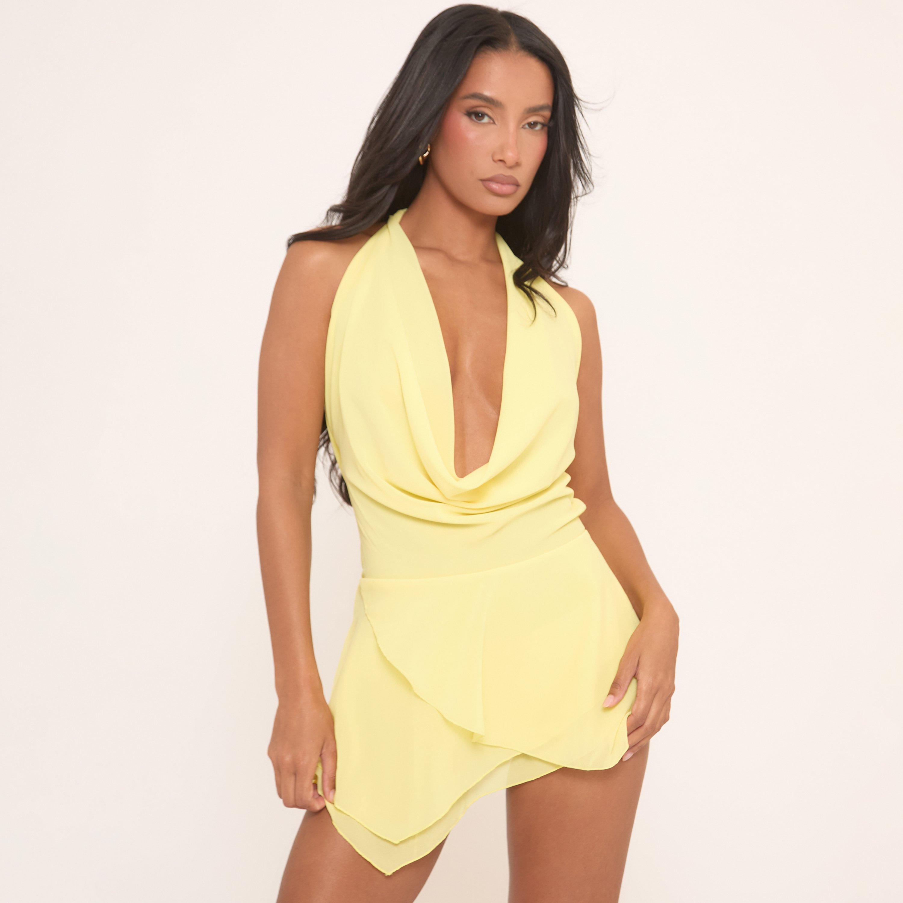 Cowl Halterneck Frill Detail Mini Dress In Yellow, Women’s