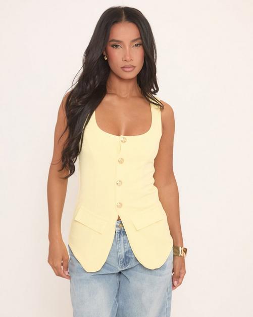 Sleeveless Button Front Split Detail Waistcoat In Yellow