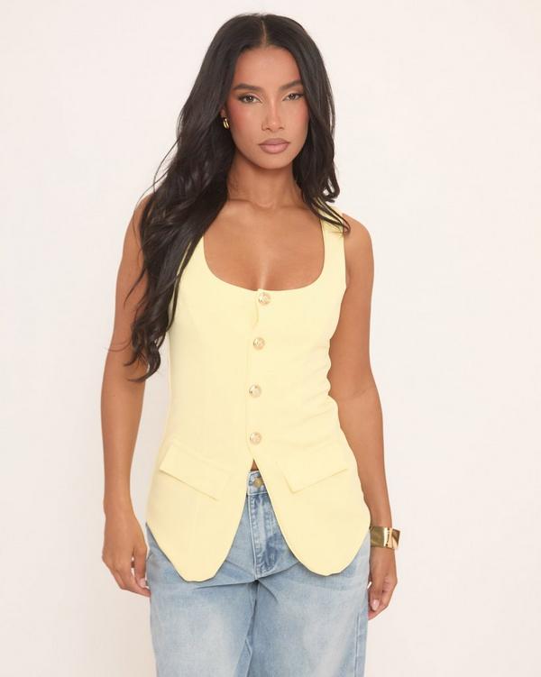Sleeveless Button Front Split Detail Waistcoat In Yellow