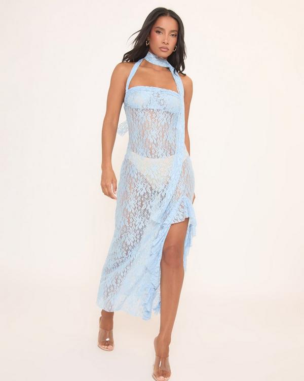 Square Neck Scarf Detail Split Leg Maxi Dress In Blue Lace