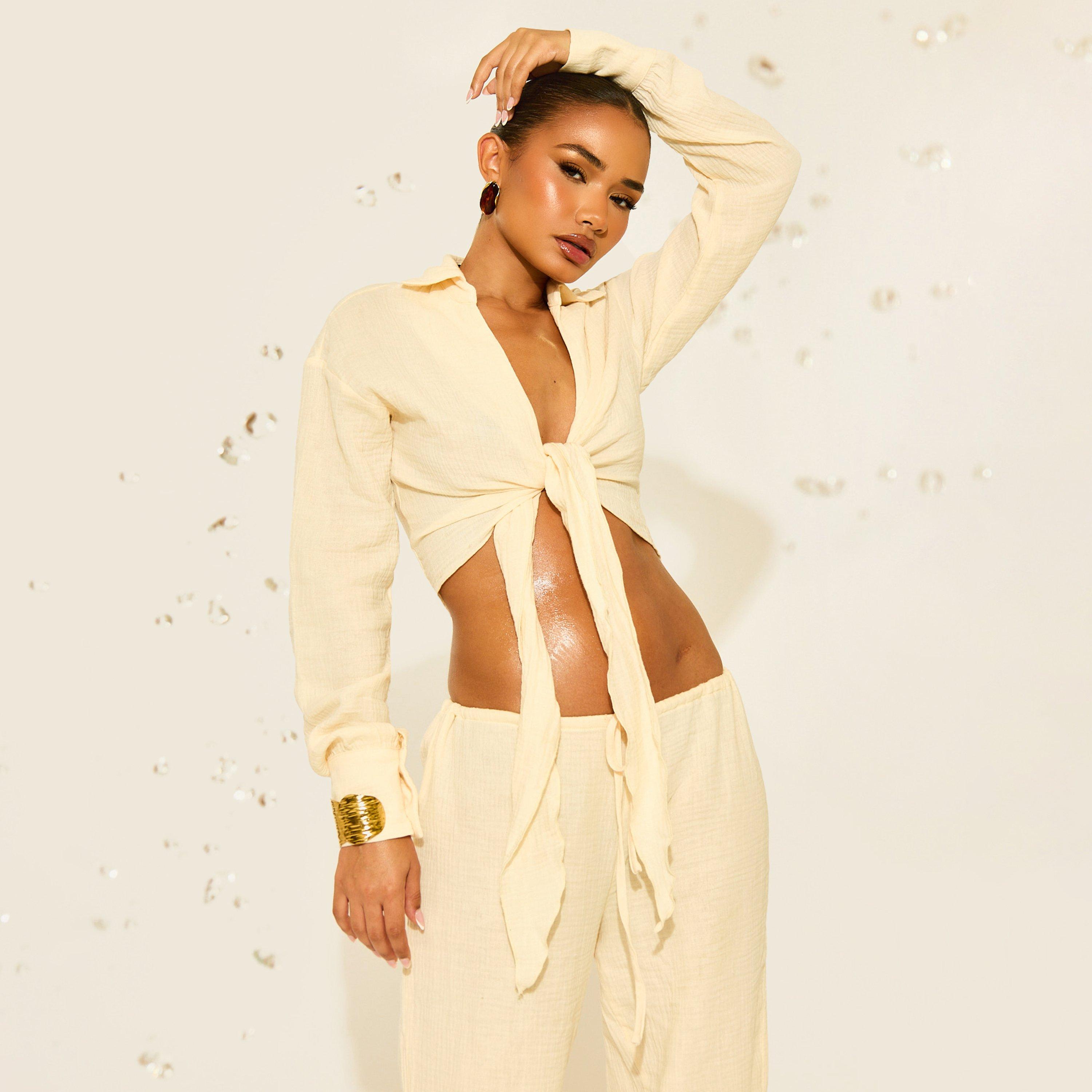 Image of Long Sleeve Tie Front Crop Shirt In Cream Cheesecloth, Women's