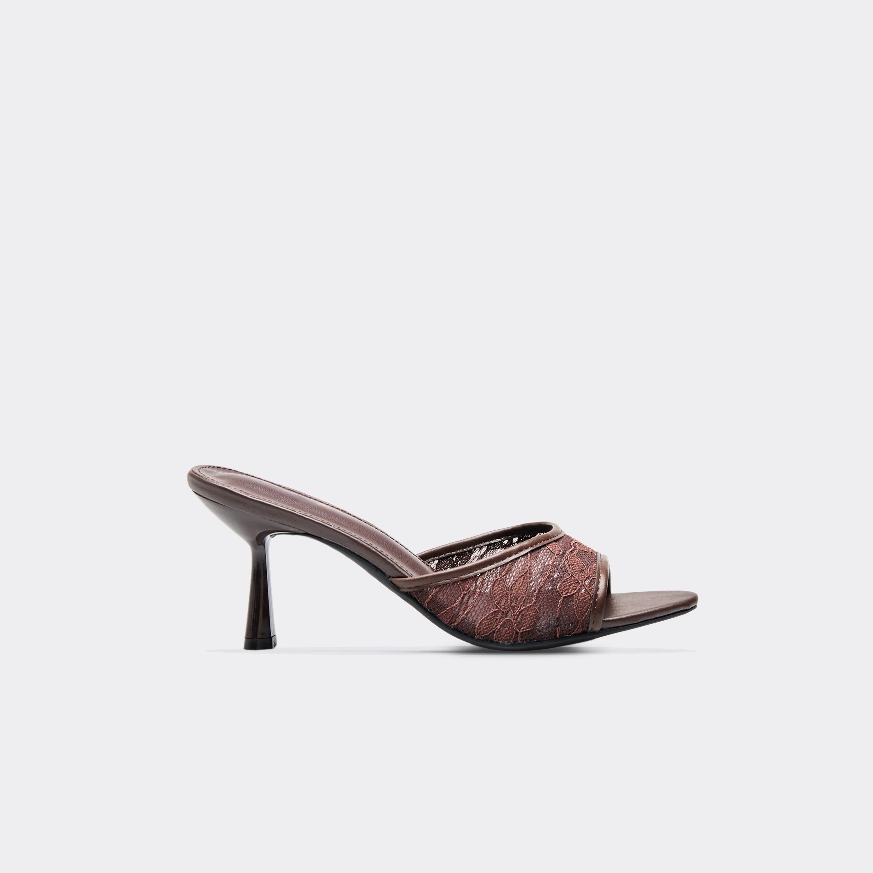 Tierra Lace Detail Heeled Mule In Brown Faux Leather, Women’s