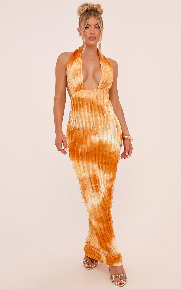 Halterneck Plunge Front Maxi Dress In Orange Ombre Texture | EGO US | EGO