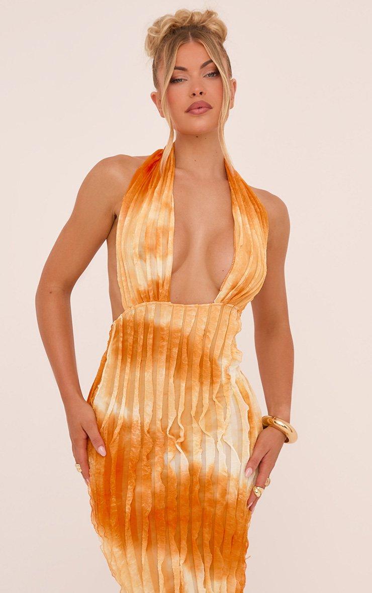 Halterneck Plunge Front Maxi Dress In Orange Ombre Texture | EGO US | EGO