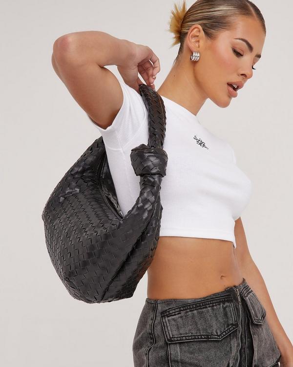 Loreen Woven Knotted Strap Detail Oversized Shoulder Bag In Black Faux Leather