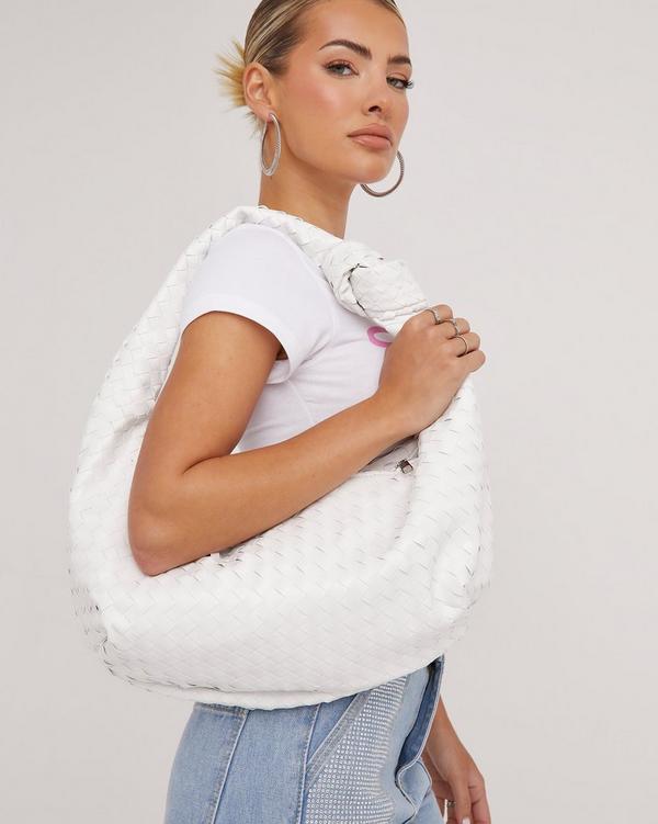 Loreen Woven Knotted Strap Detail Oversized Shoulder Bag In White