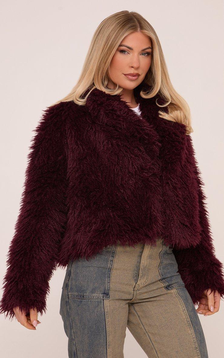 Oversized Collar Coat In Burgundy Shaggy Fur | EGO US | EGO