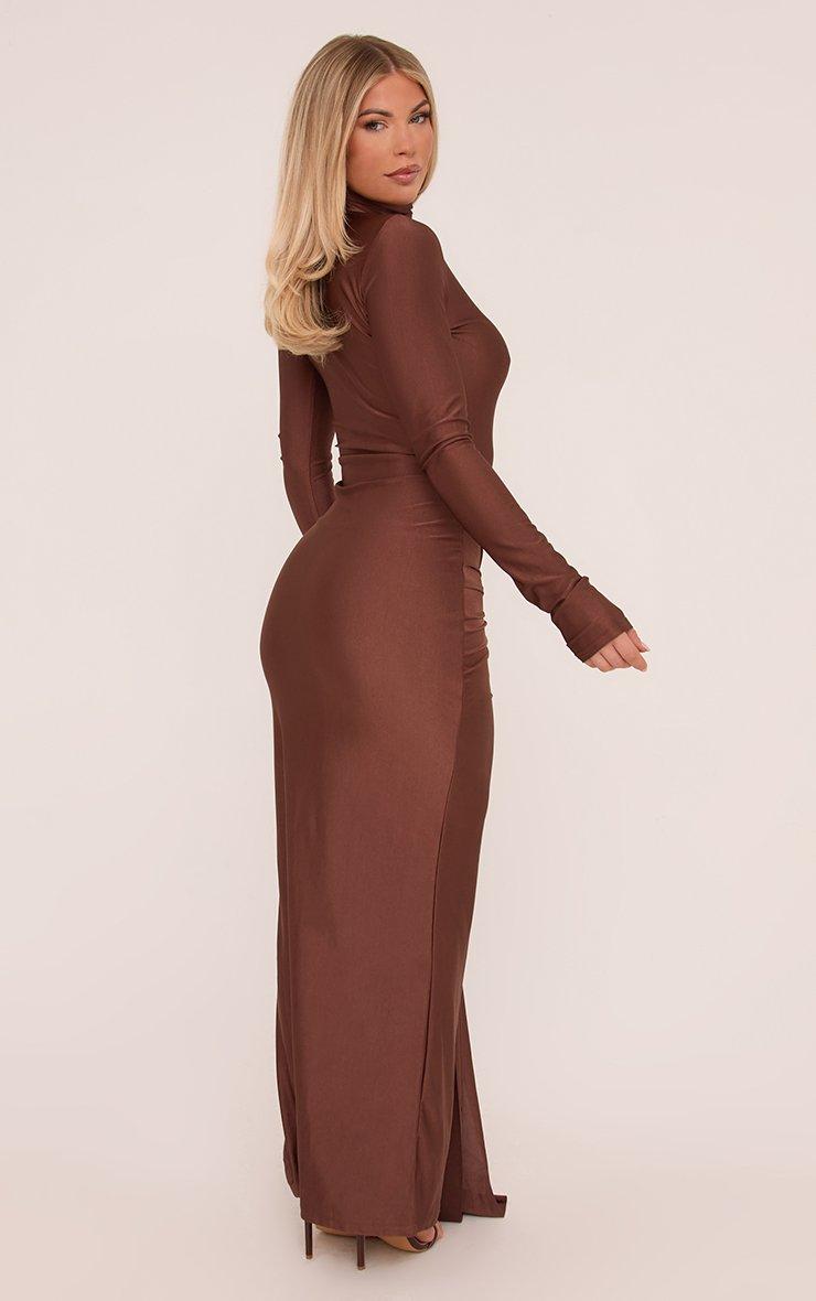 Long Sleeve High Neck Drape Waist Detail Maxi Dress In Chocolate