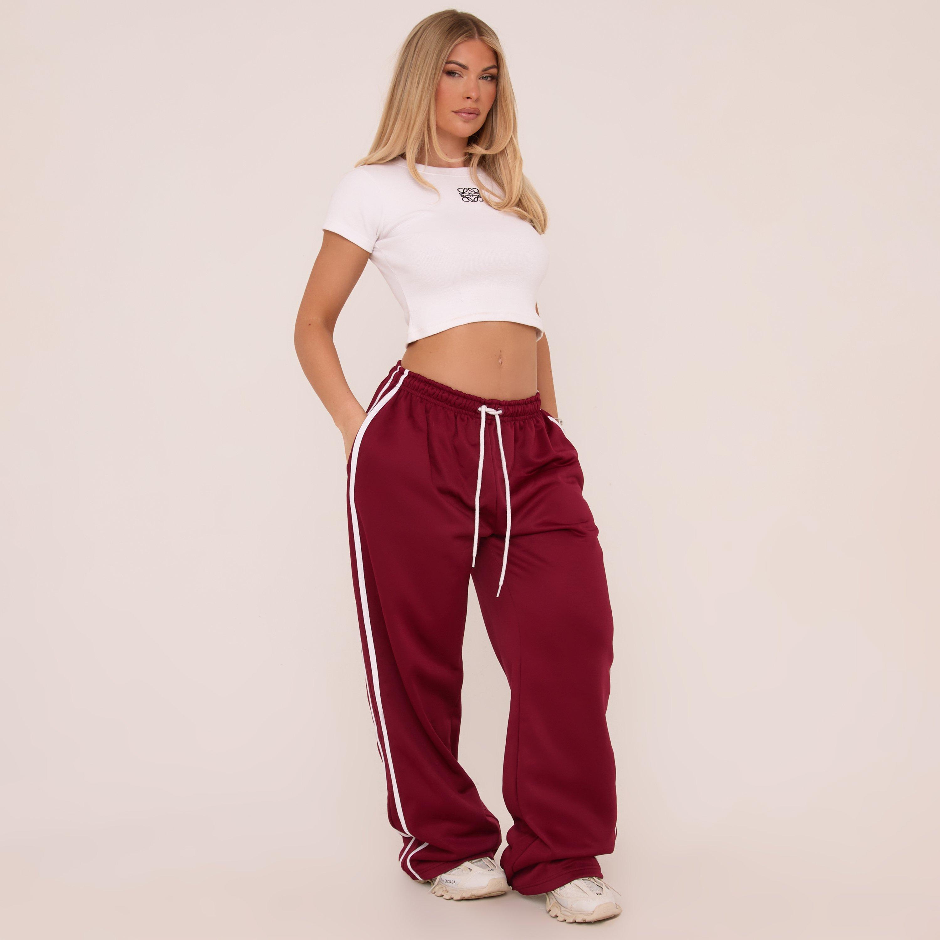 Tie Waist Contrast Stripe Track Pants In Burgundy, Women’s