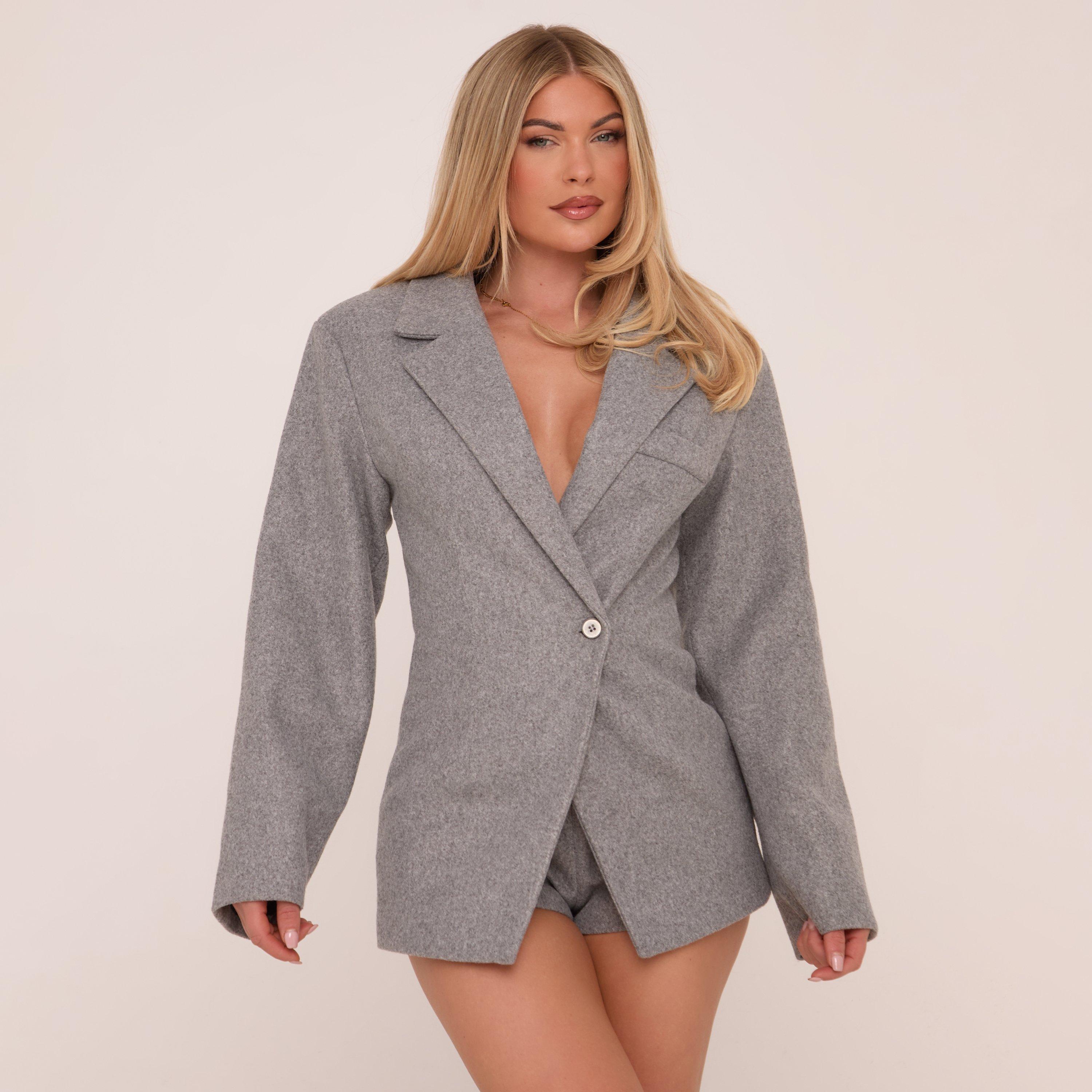 Cinched Waist Wool Look Blazer Dress In Grey, Women's Size UK 4