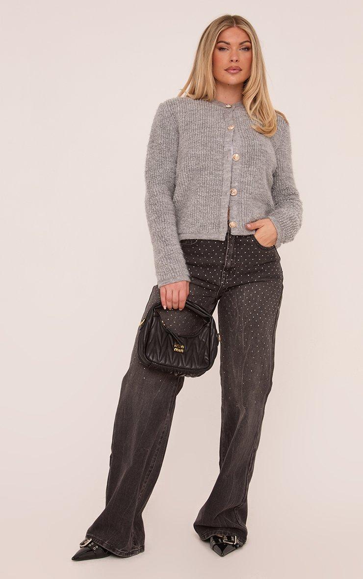 Oversized Gold Button Detail Cardigan In Grey Fluffy Knit | EGO UK