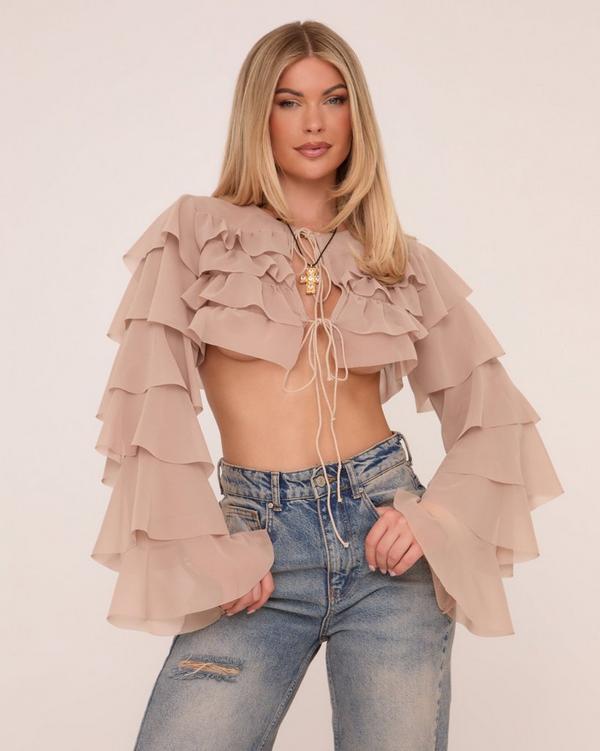 Long Flared Sleeve Tie Front Ruffled Cropped Shirt In Nude