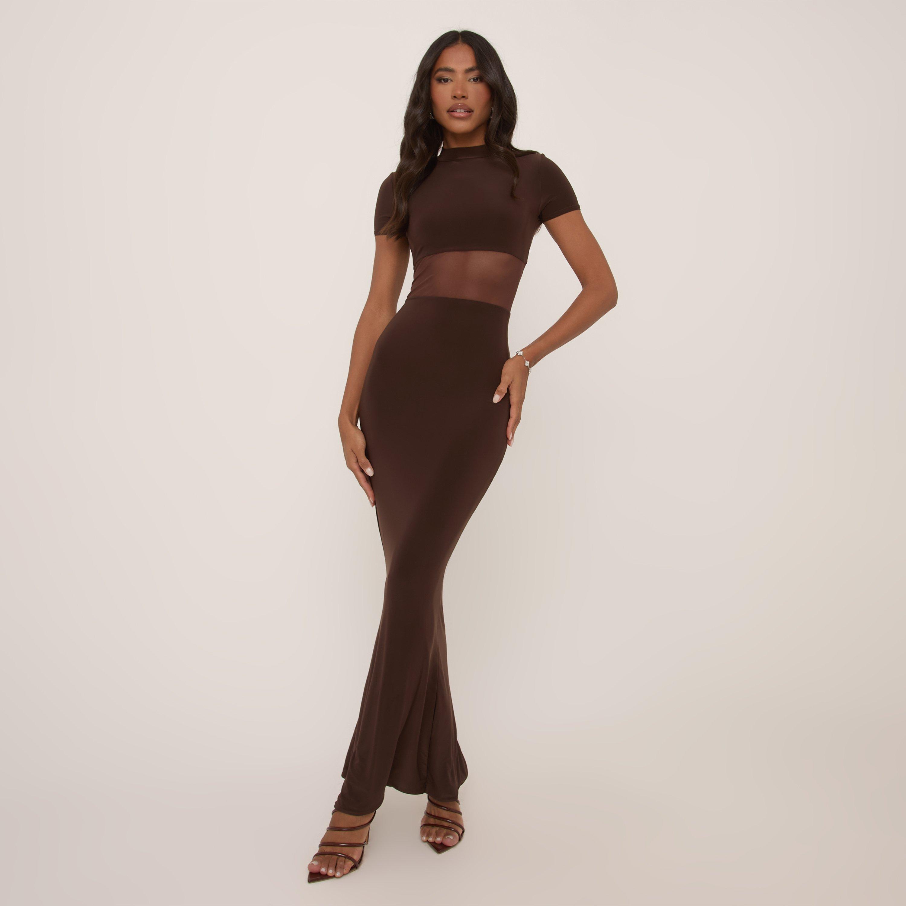 Short Sleeve High Neck Mesh Insert Maxi Dress In Chocolate Brown Slinky, Women’s