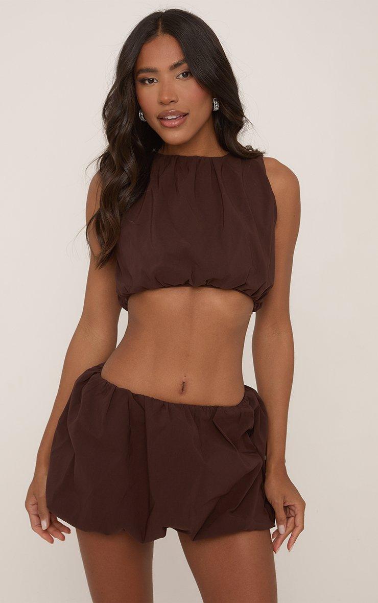 Halterneck Plunge Top And Ruffle Mini Skirt Co-Ord Set In Brown