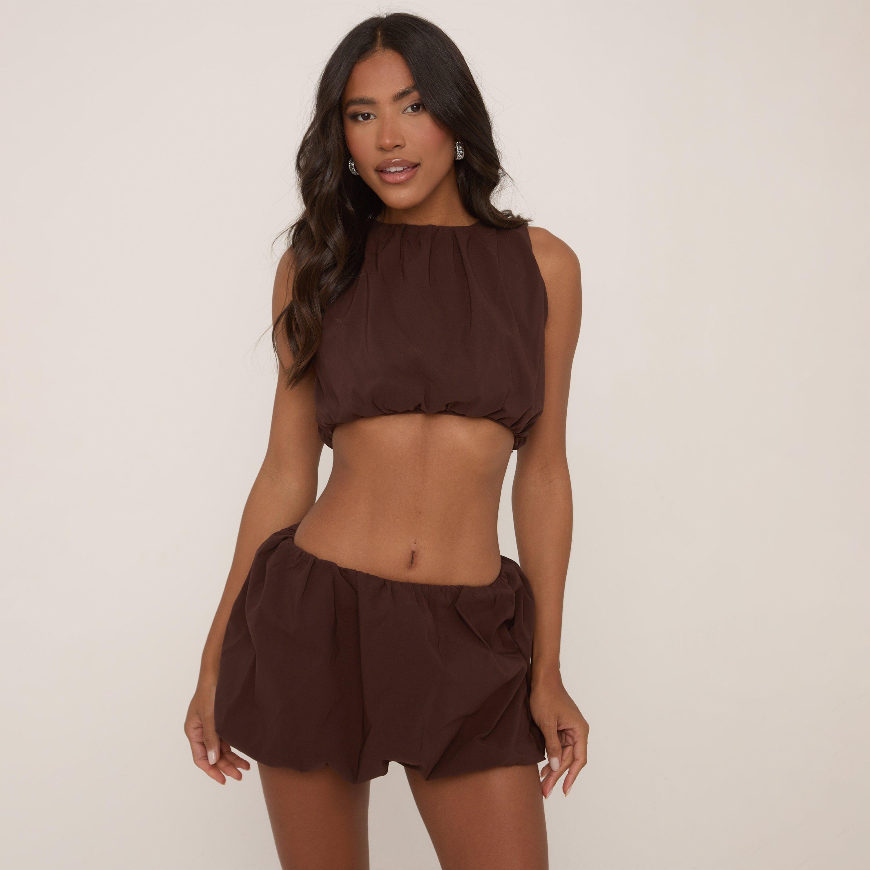 Sleeveless Crop Top And High Waist Puffball Mini Skirt Co-Ord Set In Chocolate Brown, Women’s