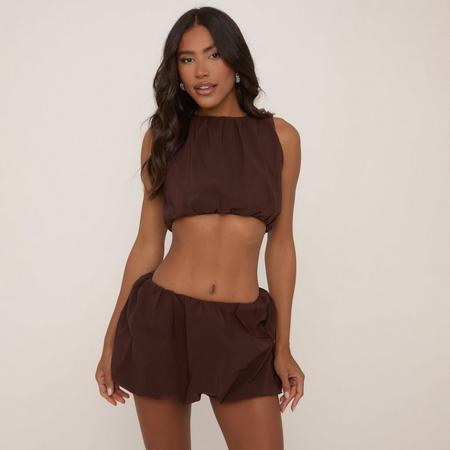 Sleeveless Crop Top And High Waist Puffball Mini Skirt Co-Ord Set In Chocolate Brown, Women's Size US