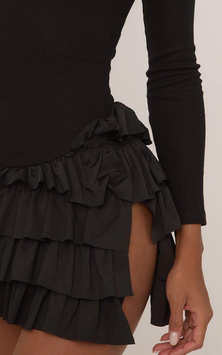 Long Sleeve Slash Neck Frilly Hem Mini Dress In Black Rib | EGO US | EGO
