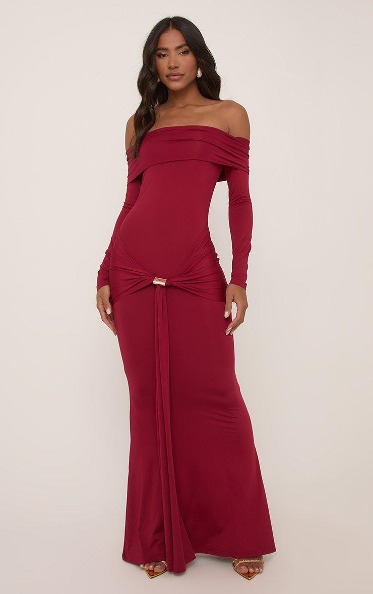 Long Sleeve Bardot Tie Front Maxi Dress In Burgundy | EGO UK