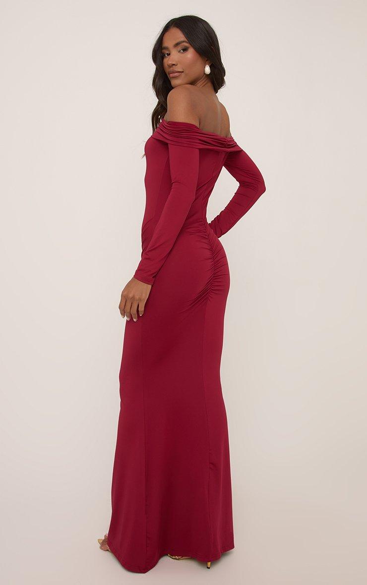 chinese dress ladies Floral Embroidered Maxi Dress with Sheer Flutter Sleeves in Burgundy Multi main image 0