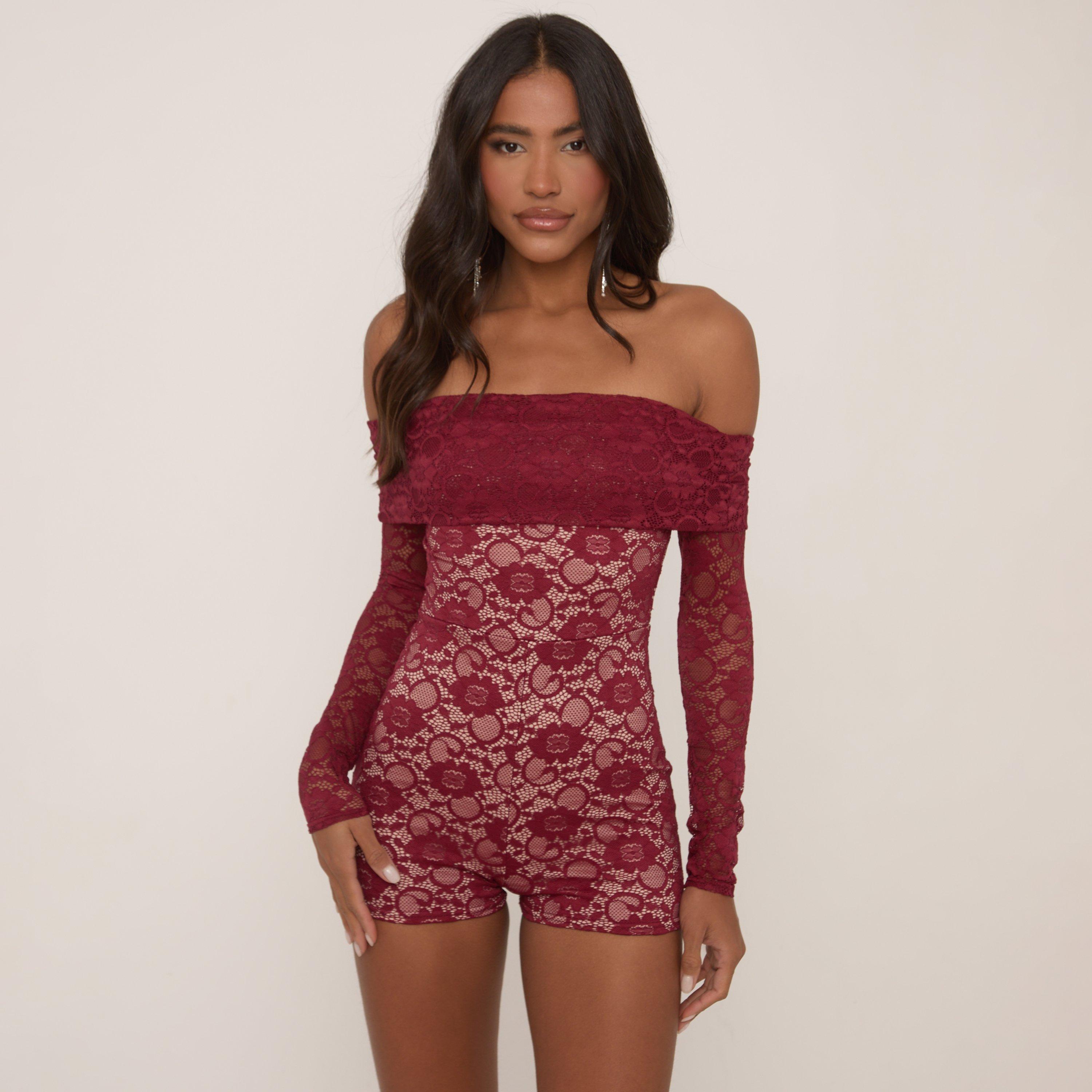 Image of Long Sleeve Bardot Fold Over Detail Playsuit In Burgundy Lace, Women's