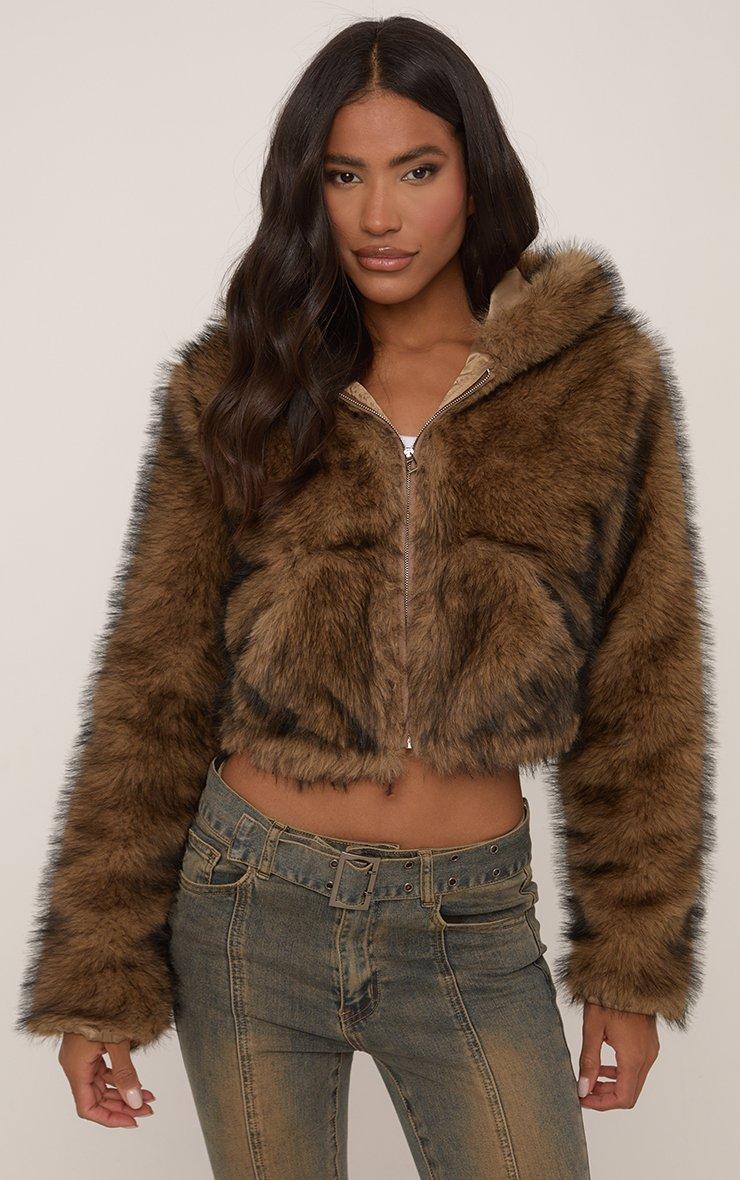 Long Sleeve Zip Front Hooded Jacket In Brown Faux Fur | EGO US | EGO
