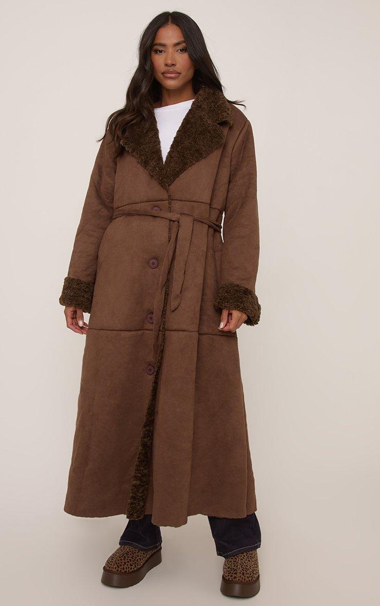 Borg Lined Tie Waist Trench Coat In Chocolate Brown | EGO US | EGO