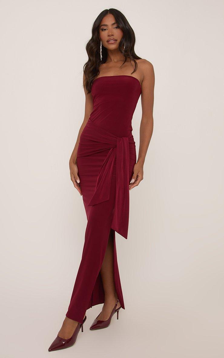 新品未使用‼️ Deauville Gathered Long Dress Bandeau Knot Side Detail Maxi Dress In Burgundy Slinky | EGO