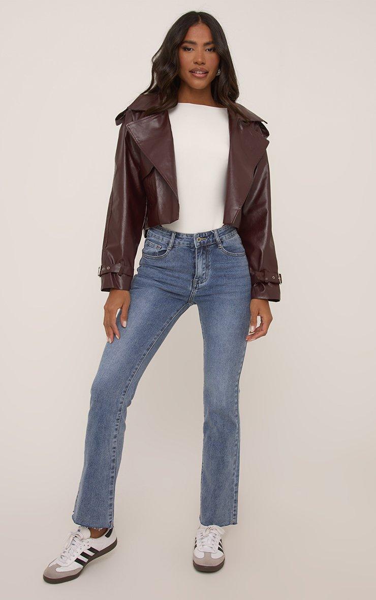 Cropped Biker Jacket In Burgundy Faux Leather | EGO UK | EGO