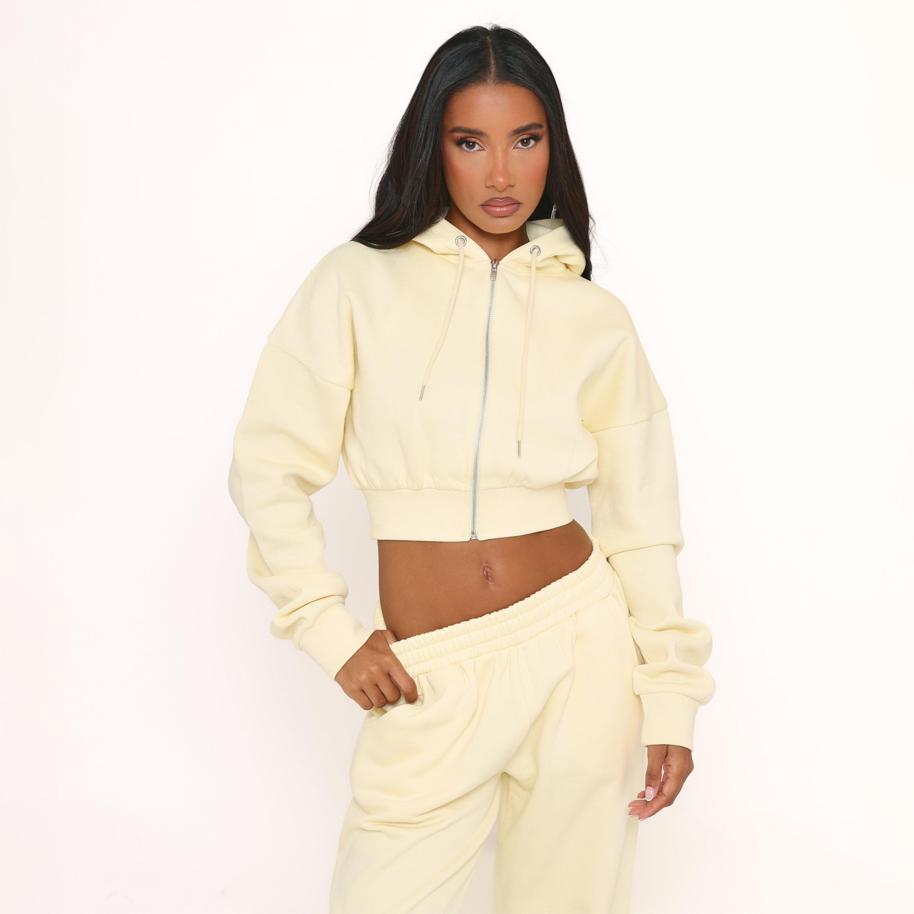 Long Sleeve Zip Up Front Cropped Hoodie In Lemon, Women's Size UK 16