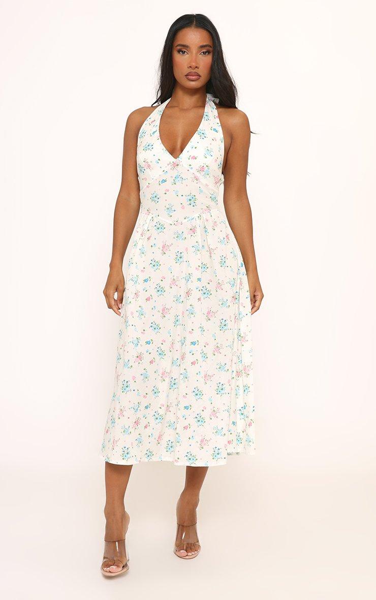Plunge Halterneck Low Back Midi Dress In Blue Floral Print | EGO US | EGO