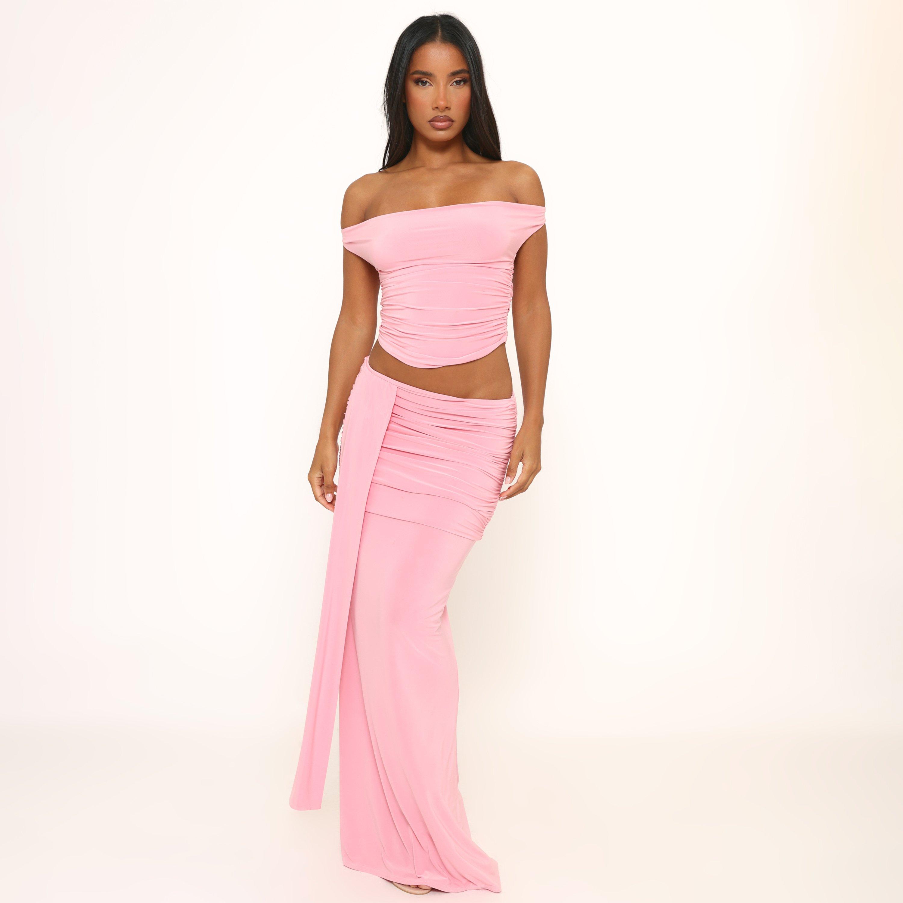 Low Waist Ruched Drape Detail Maxi Skirt In Pink Slinky, Women’s