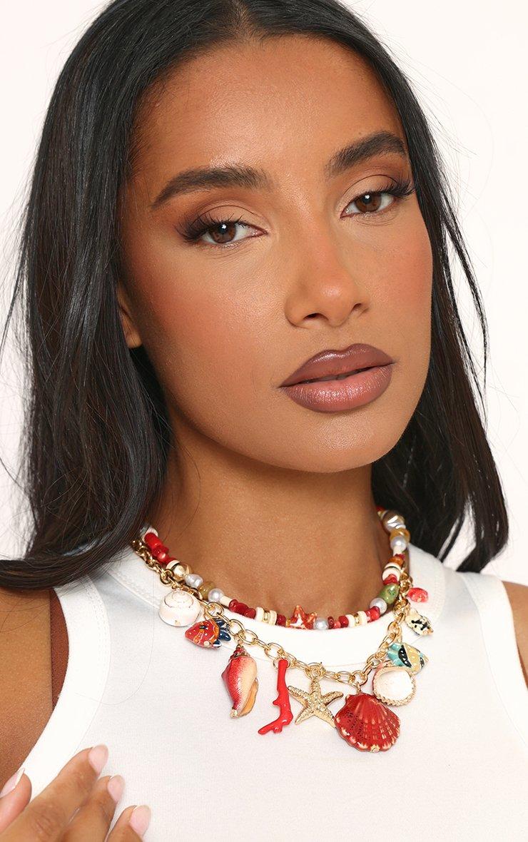 Red Shell Detail Multi Charmchain Necklace |In Gold