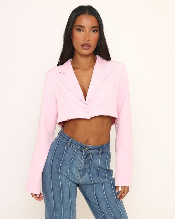Long Sleeve Oversized Cropped Blazer In Pink