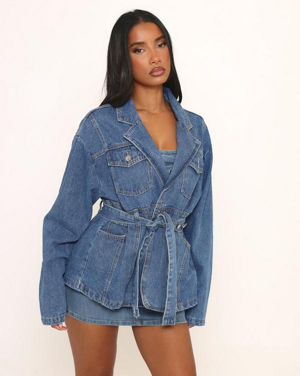 Long Sleeve Tie Waist Belt Detail Jacket In Blue Denim
