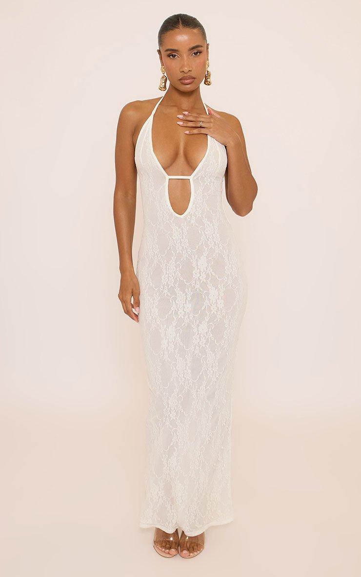 Plunge Halterneck Open Back Bodycon Maxi Dress In White Lace | EGO
